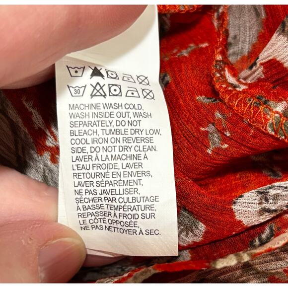 Lucky Brand peasant blouse size M Boho 3/4 sleeve casual orange tan floral sheer - Picture 8 of 8